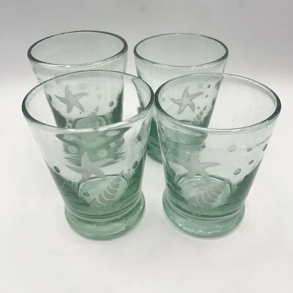 Set Of 4 Hand Blown Green Glass Etched Starfish Shell 8 oz 4” Heavyweight Bottom